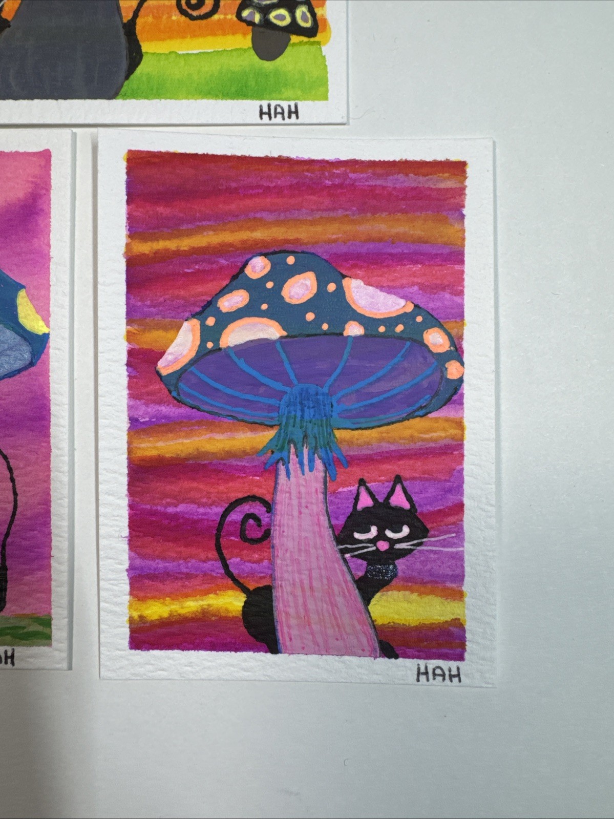 ACEO Set Of 3 Mixed Medium Mini Paintings Abstract Cats With Big Mushrooms