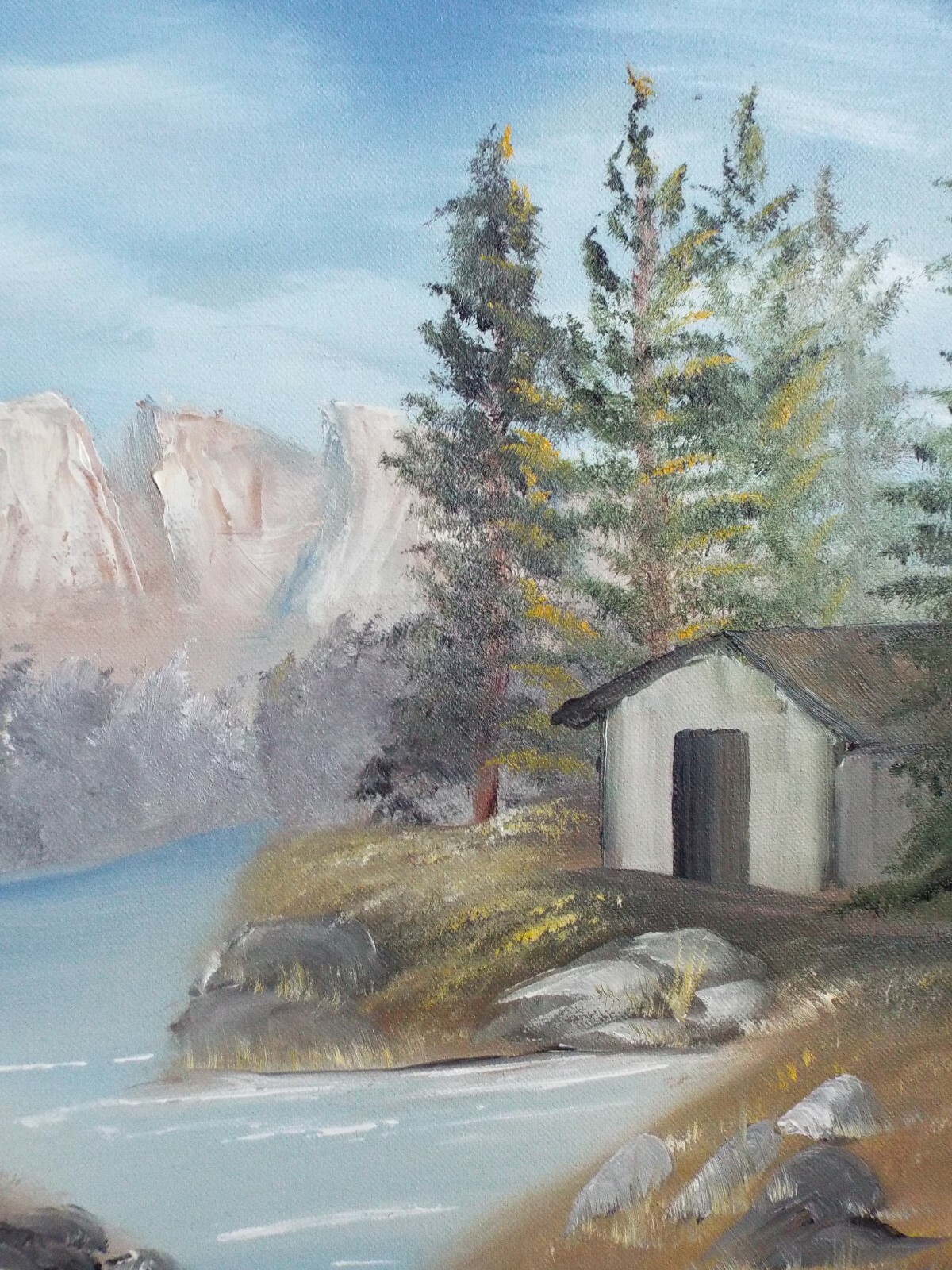 VTG M HULSEY CABIN ORIGINAL OIL LANDSCAPE PAINTING ON CANVAS LINEN MAT FRAMED