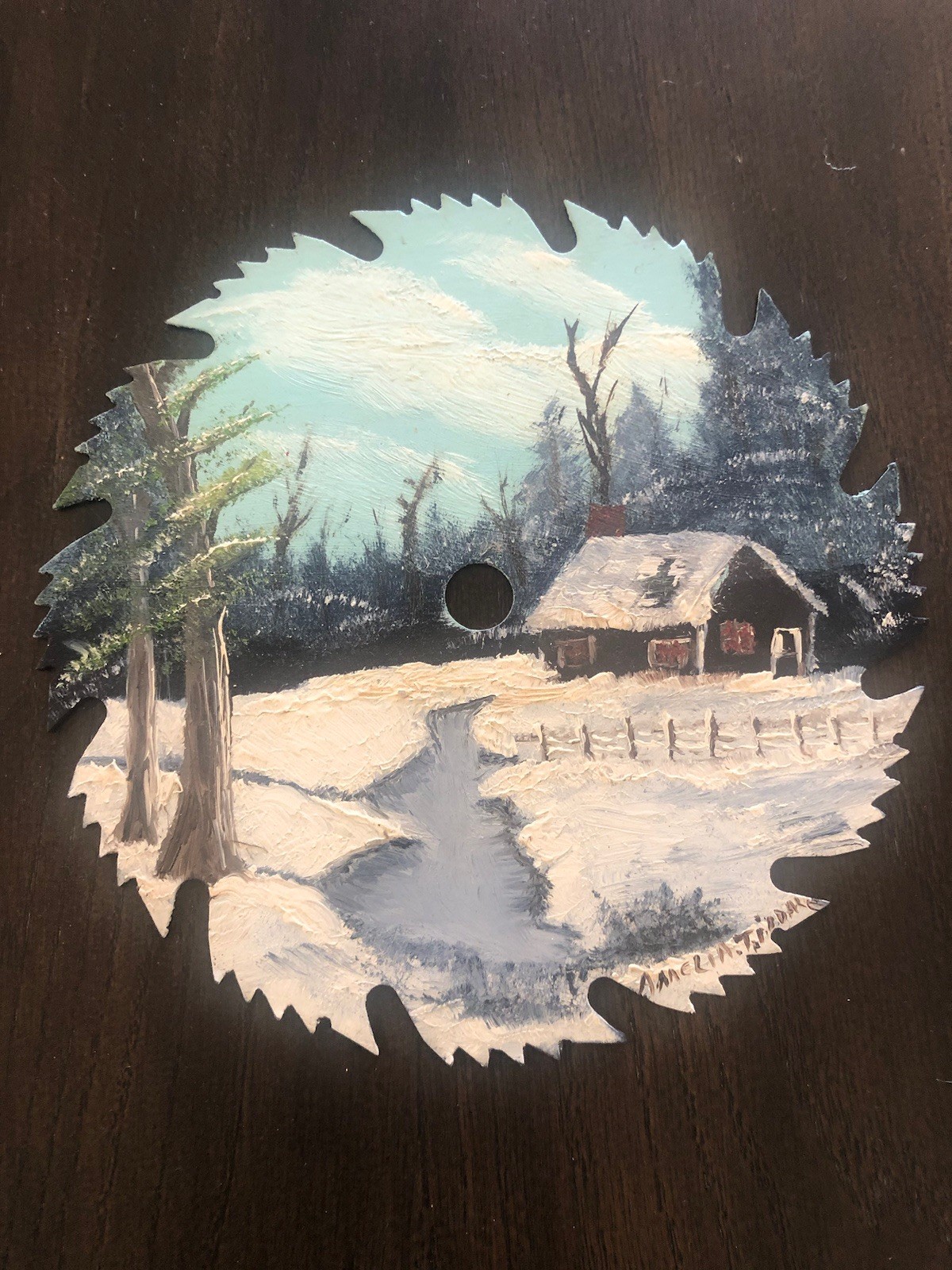 Handpainted Sawblade Winter Snow Scene Country Artist Signed
