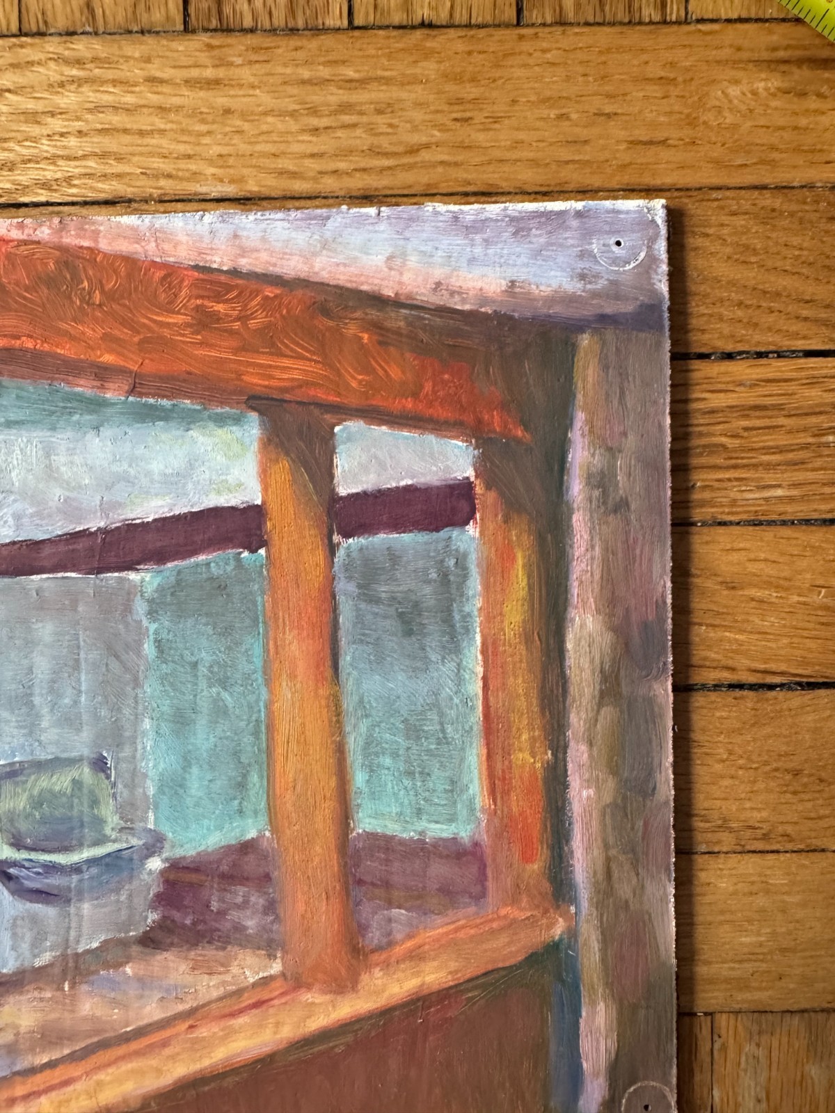 Vintage Painting Acrylic Cardboard Interior Basement Scene Peter Feldman 8.5×11