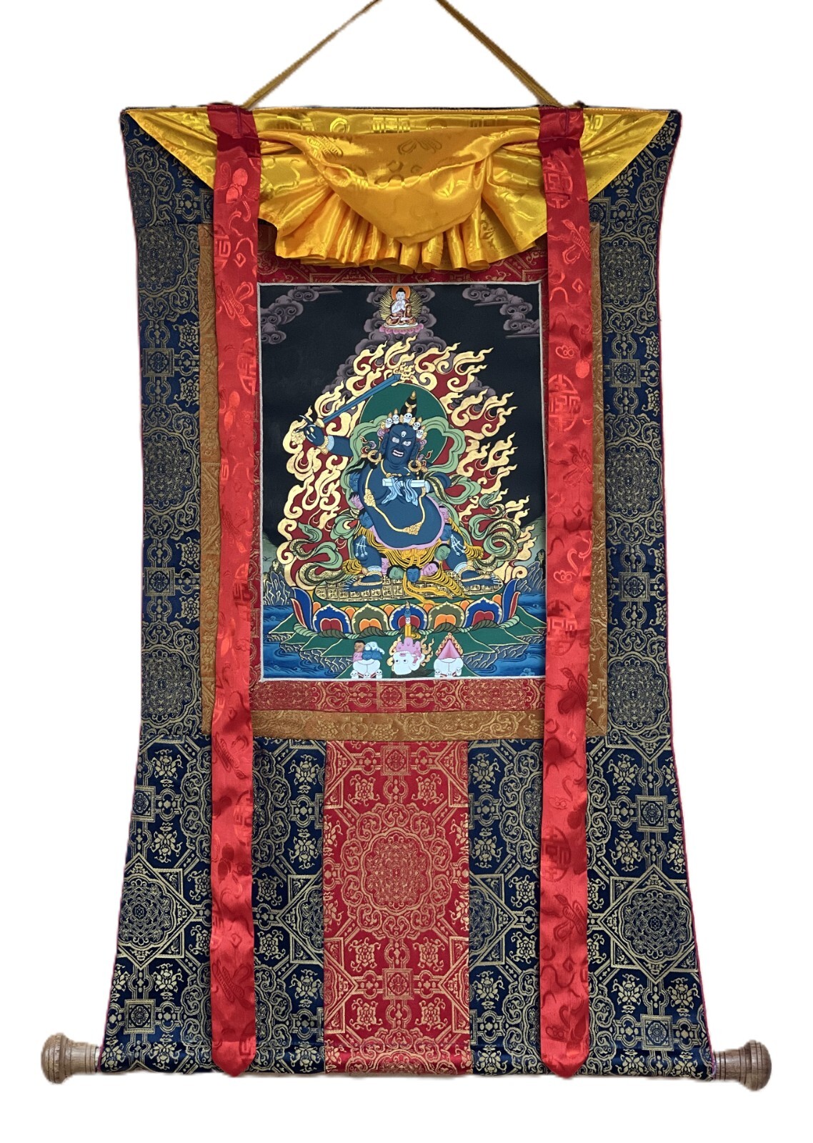 BLACK MANJUSHRI/ MANJUSRI ORIGINAL TIBETAN THANGKA PAINTING WITH SILK BROCADE