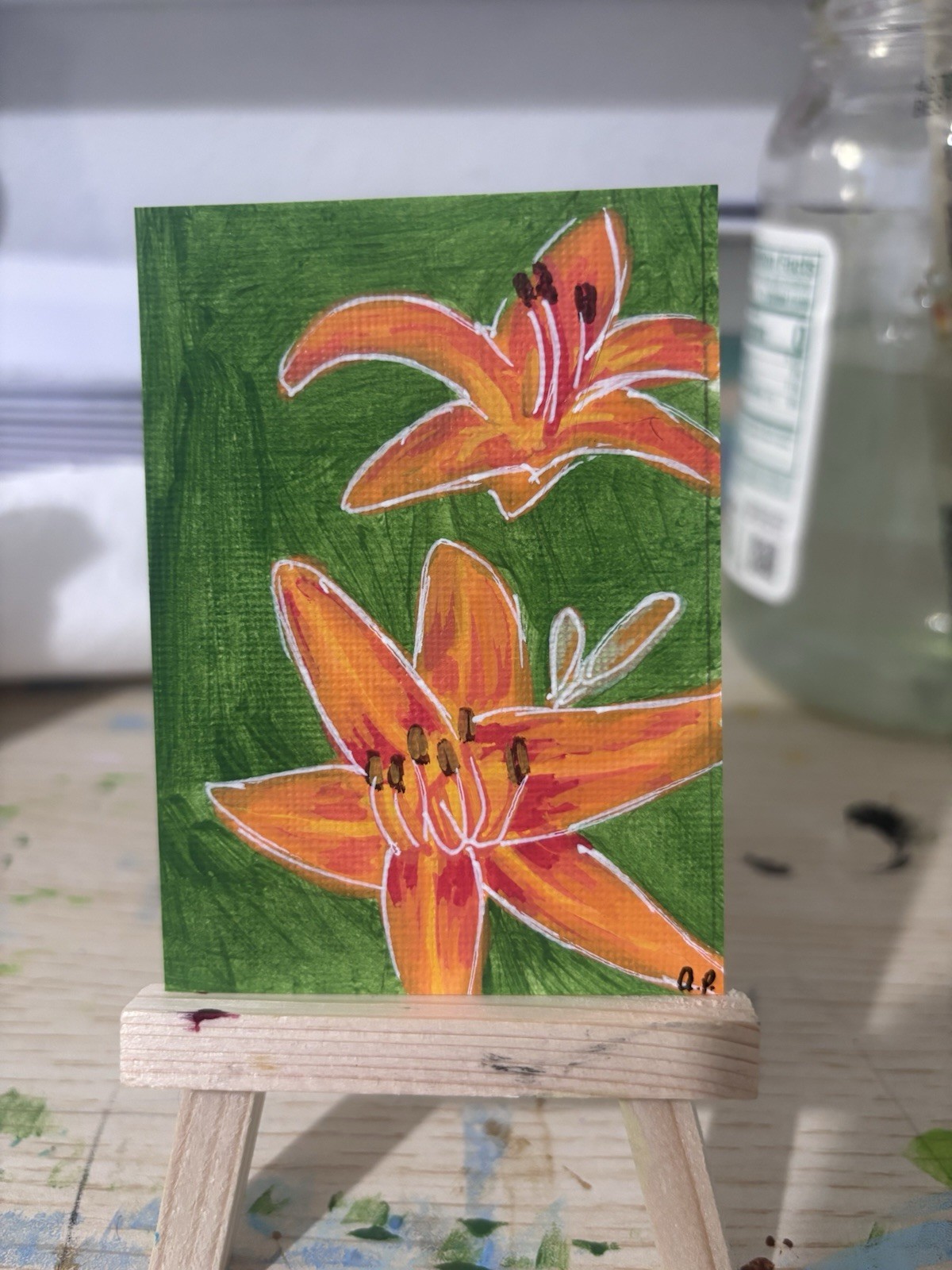 ACEO Original Art, Day Lily Flower, Acrylic Marker Painting
