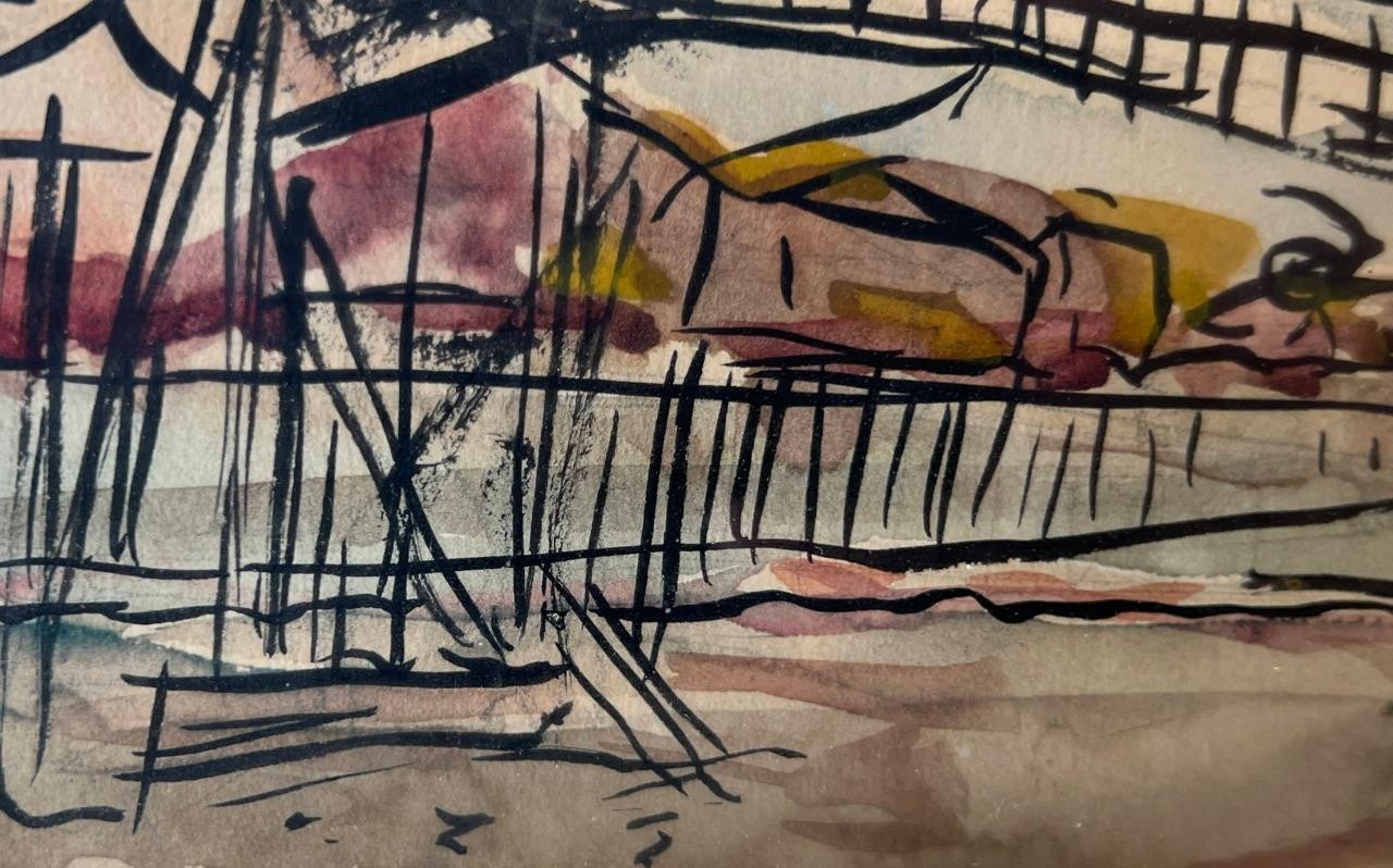 Vintage American Expressionism Watercolor Architecture Bridge Drawing Painting