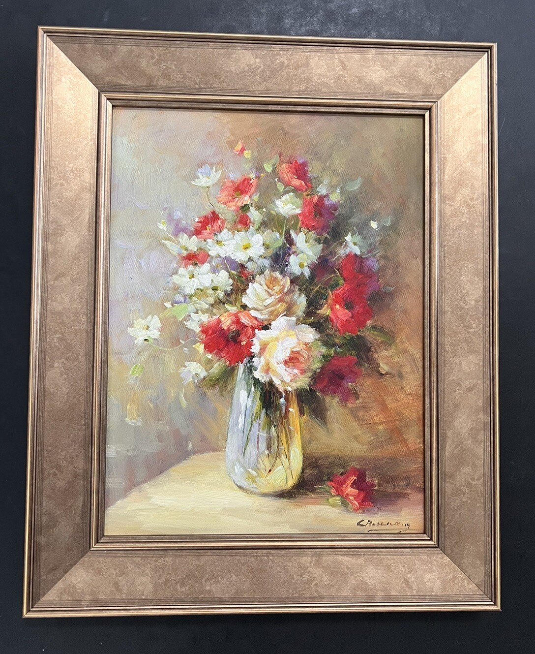 Beautiful 12×16 Floral Oil Painting In New Custom Frame.