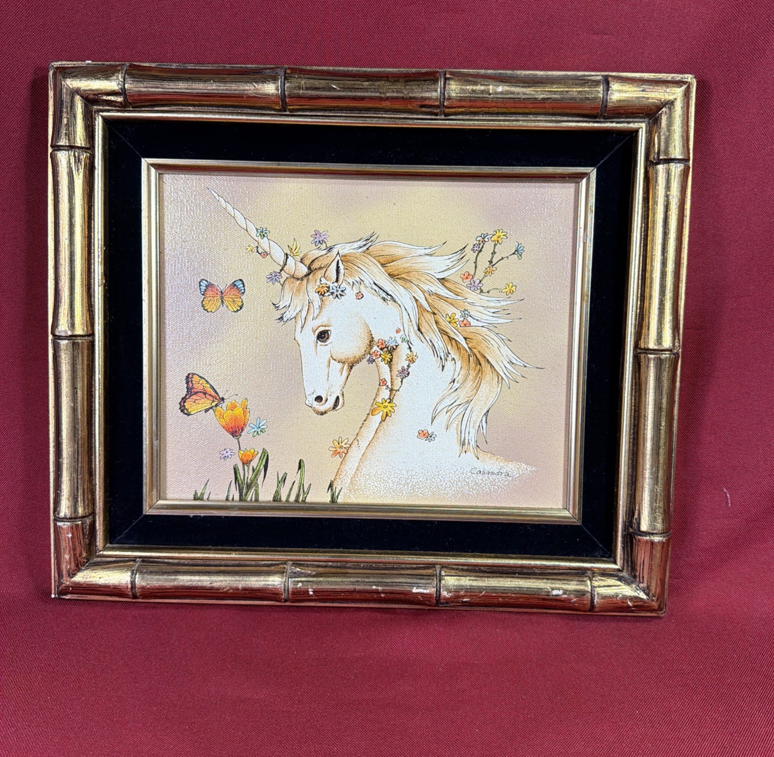 Gold Framed Unicorn Horse Oil Painting on Canvas Signed by Casandra MCM 8 x 10”