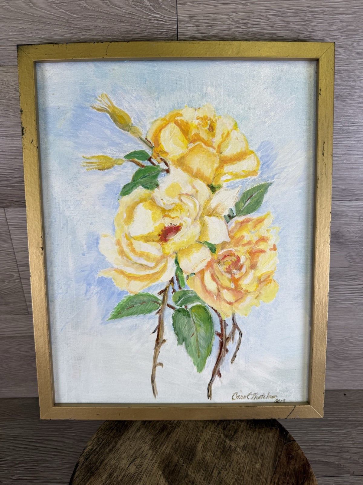 Yellow Rose Painting Signed Framed Floral Still Life Wall Decor 12×14.5