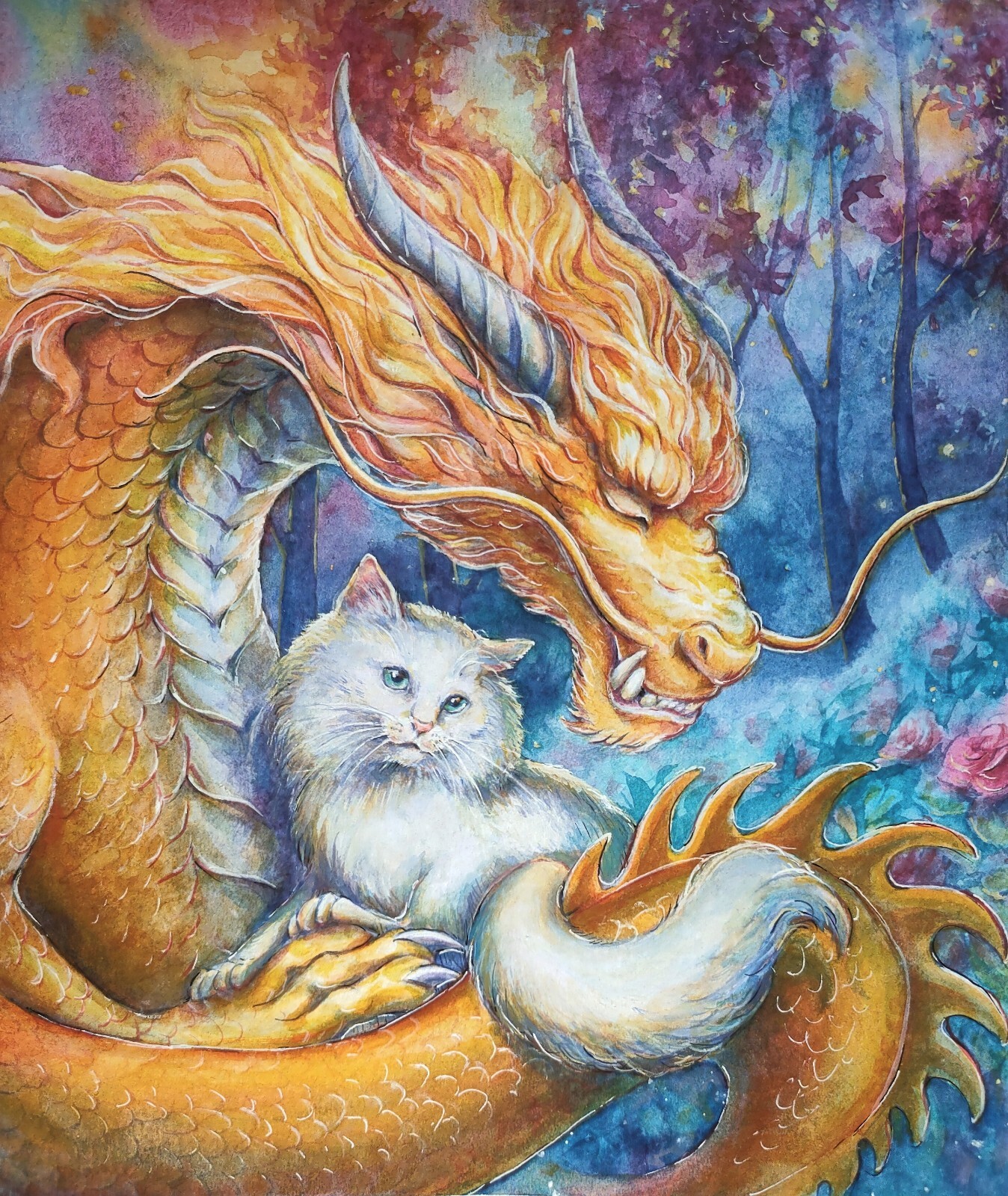Original Watercolor Painting: Dragon and Cat Fantasy Night Landscape Fire & Moon
