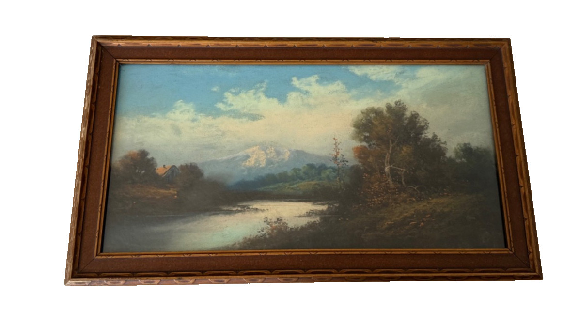 Vintage Mountain Lake Landscape Pastel on Board Framed Possible Mt Shasta