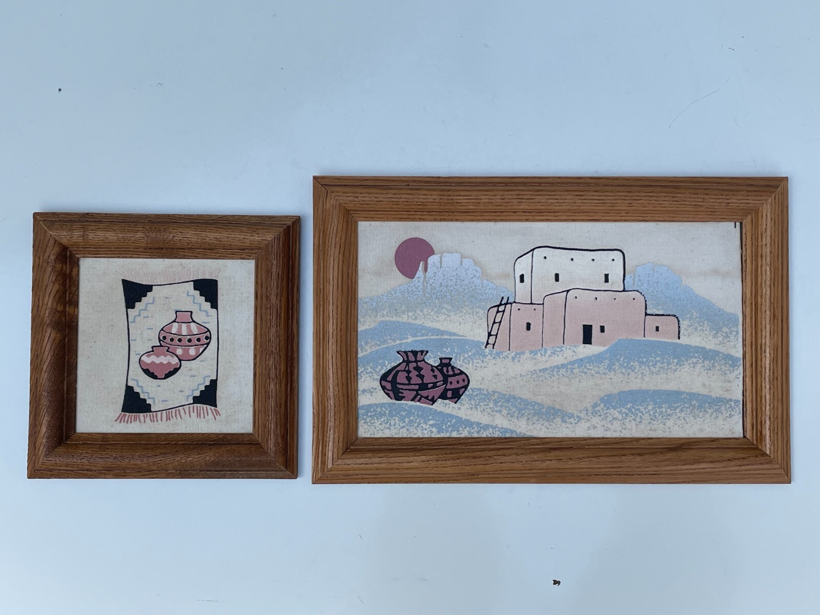 2 VTG Southwest Pottery Vase Moon Desert Painting On Canvas Wood Frame Wall Art