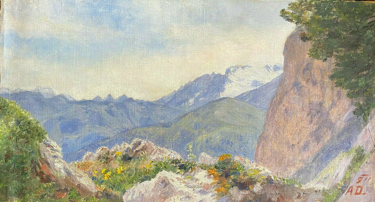 ::OIL PAINTING MONOGR. A.D. MOUNTAIN LANDSCAPE WITH MOUNTAINS ROCKS FORESTS FLOWERS