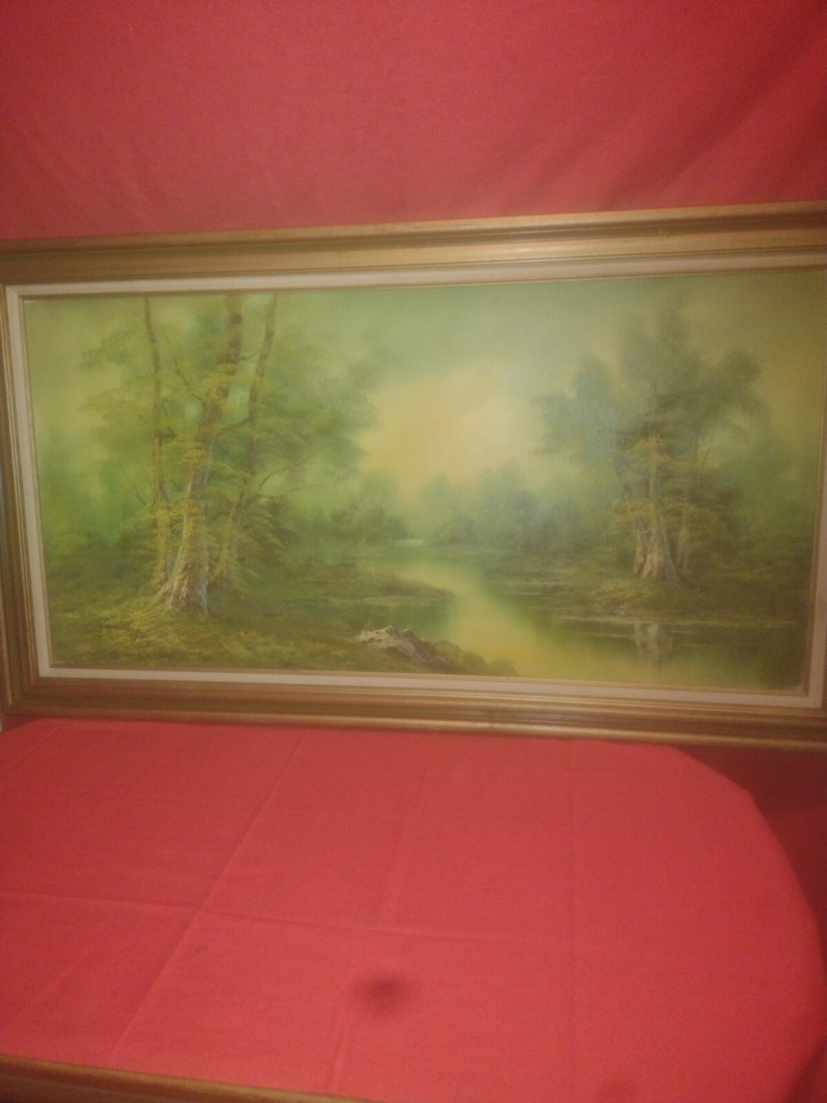 Large Wooded Lake Landscape Painting Signed Hanrey’