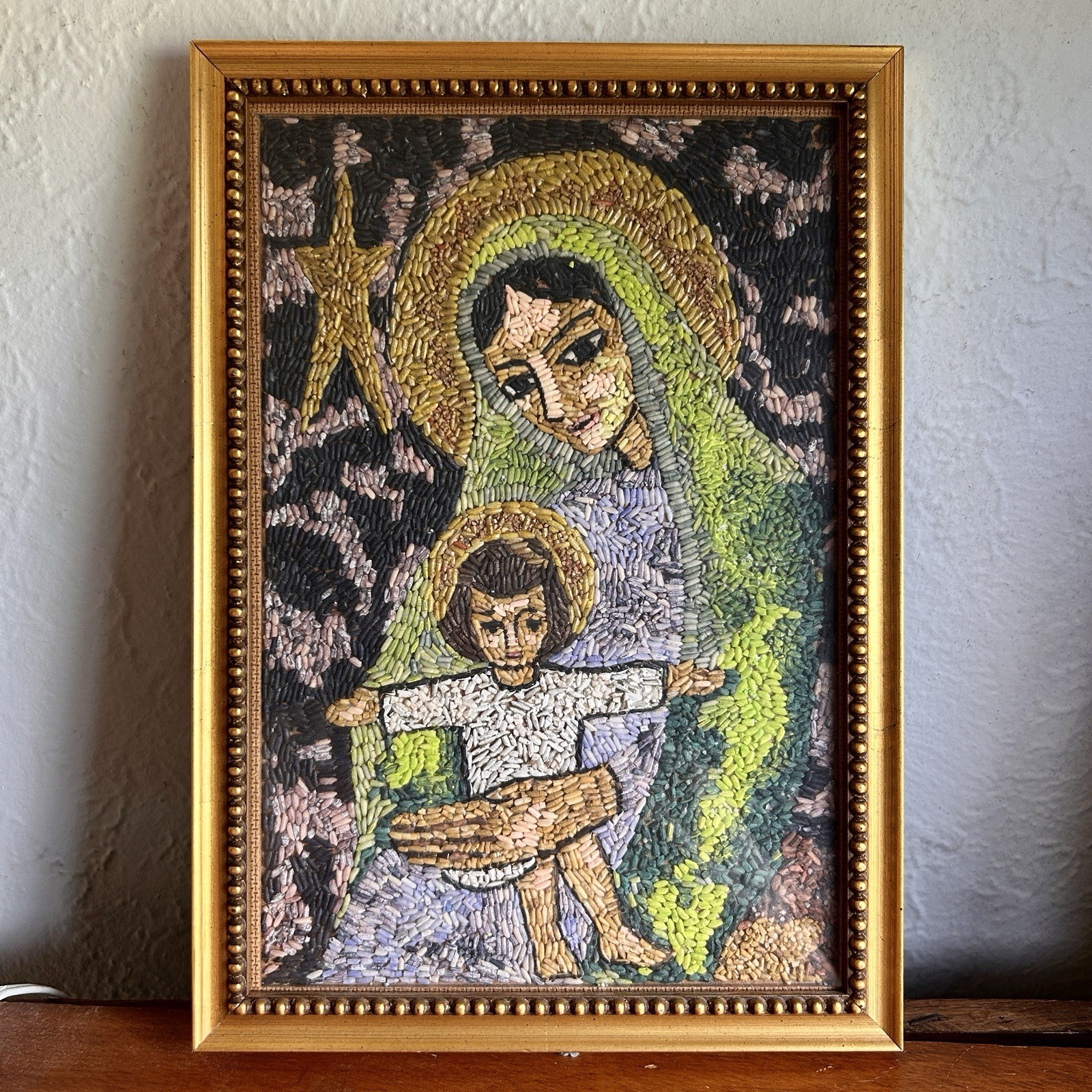 🌻Primitive Folk Art Seed Art, Crop Art. Mother Mary Baby Jesus. So Cool! 9×13