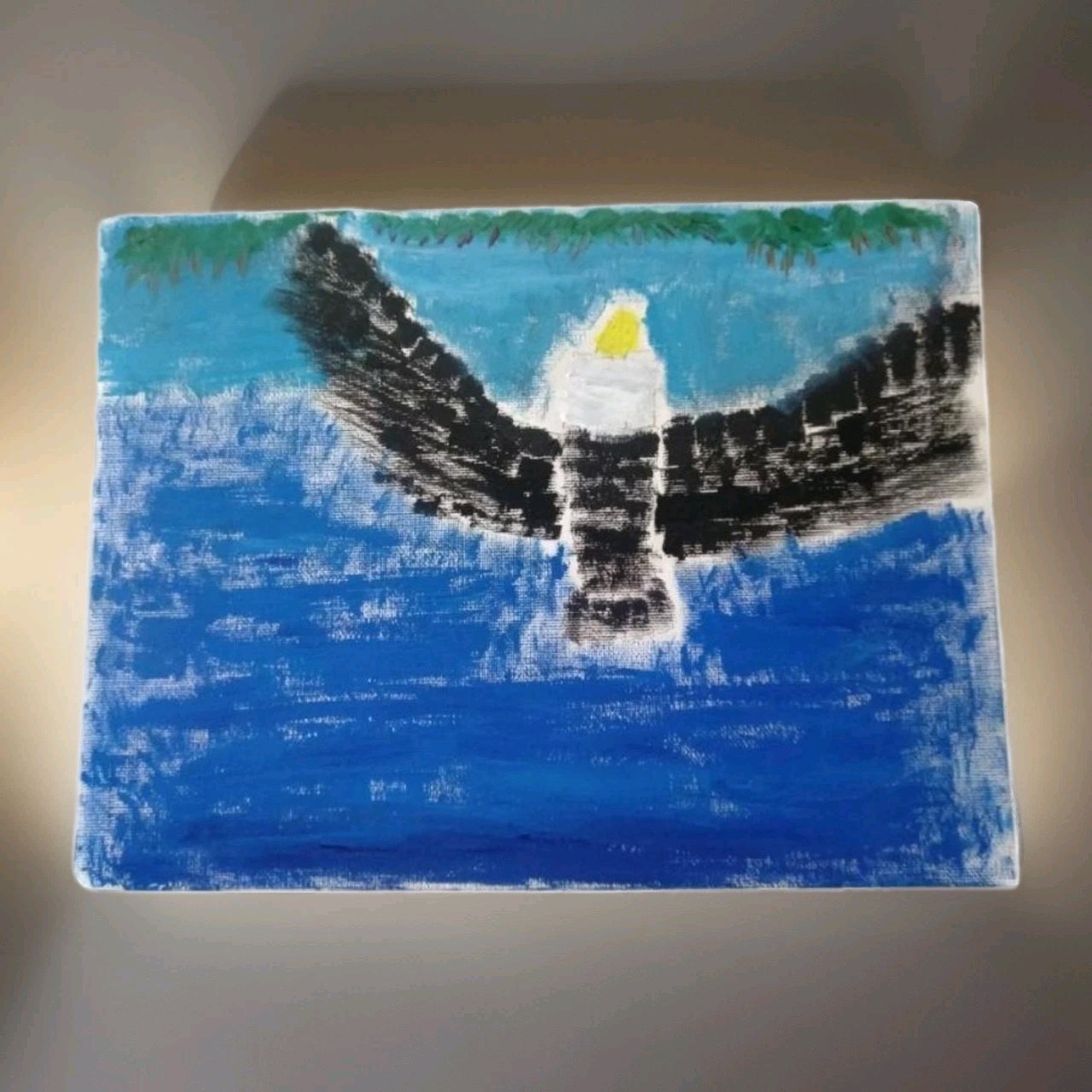 Original Wall Art Eagle Over The Sea Painting Oil On Canvas 11×9″ Home Decor COA