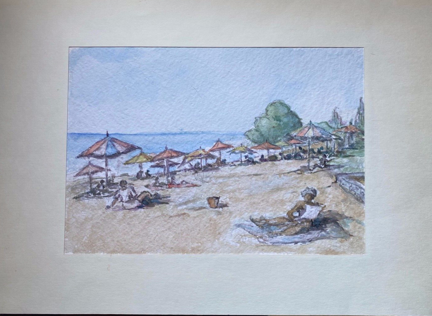 Watercolor SIGN. H.GRAU VIEW OF BEACH LIFE WITH COLORFUL SUNSHADES LIE