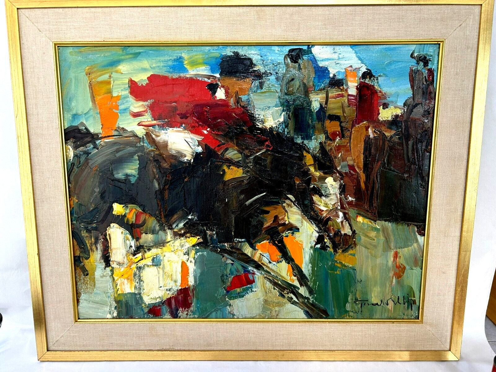 Gerald Ellis Mid Century France Horse Racing Equestrian Jockey Painting JUMPING