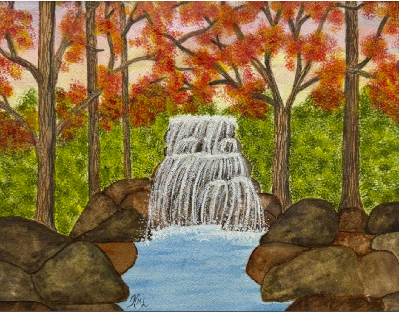 PAINTING WATERCOLOR 11X14 & MAT 16X20 SUNSET FALL TREES WATERFALL POND LANDSCAPE