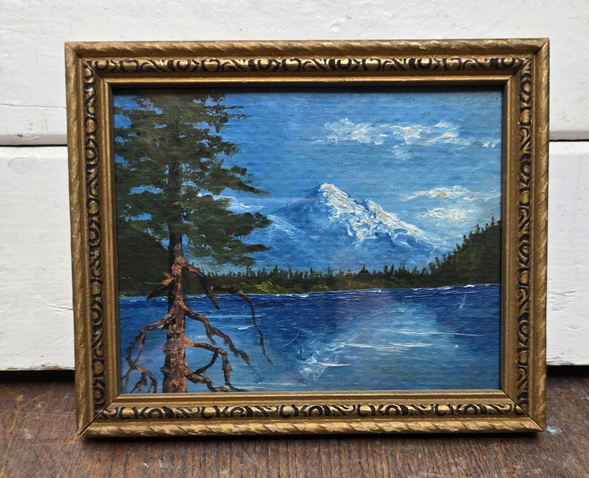Vintage Mountain Lake Landscape Original Painting Art Deco Wood Frame 5″ x 4″
