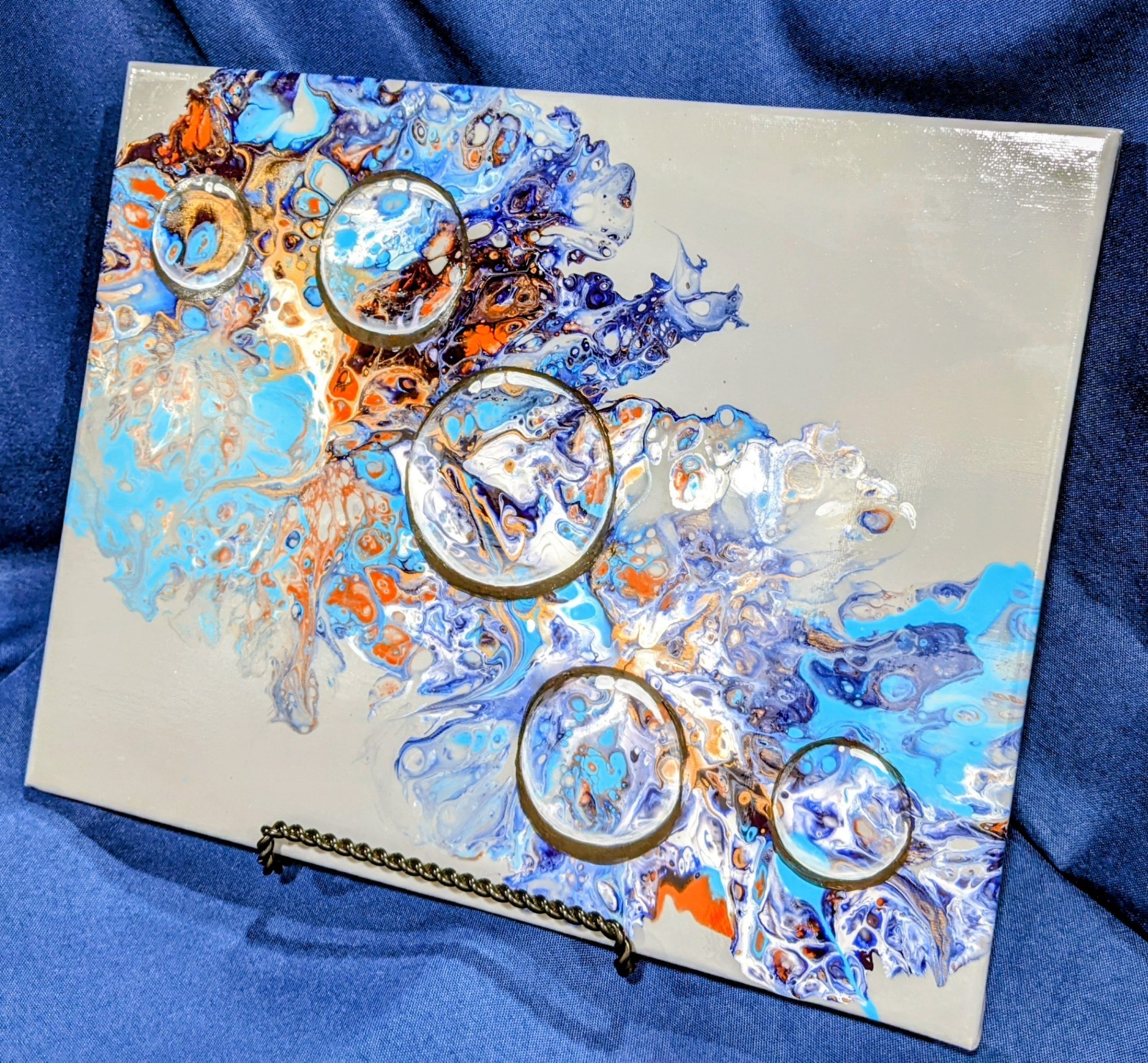 Bubbles on Turquoise and Grey acrylic pour, gold highlights 11″ h x 14″w x .5″d