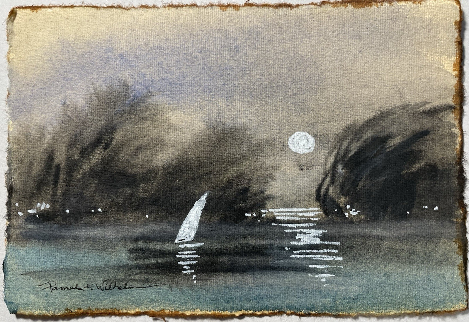 4”X6” Original Watercolor On Tea Stained Paper Seascape By Pamela Wilhelm