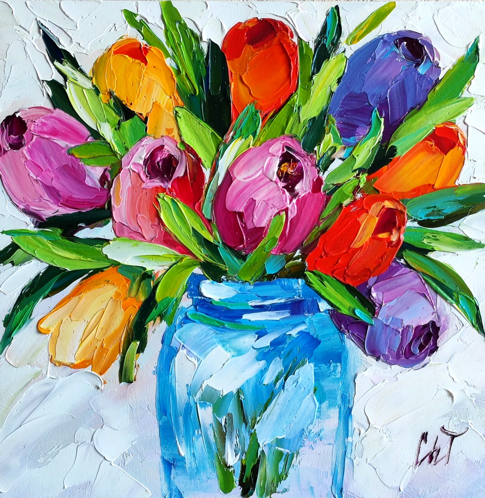 original oil painting Tulips Colorful Flowers Vase Impasto Floral Artwork 8*8 in