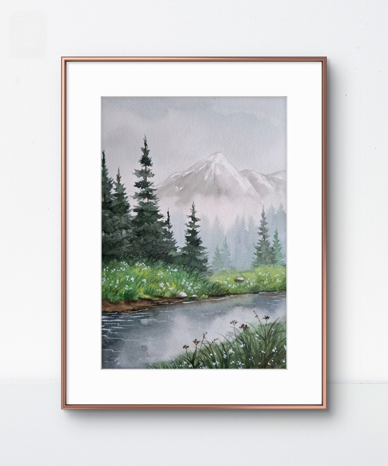 Watercolour Original Mountain Landscape River Flowers Forest Painting Painting Landscape
