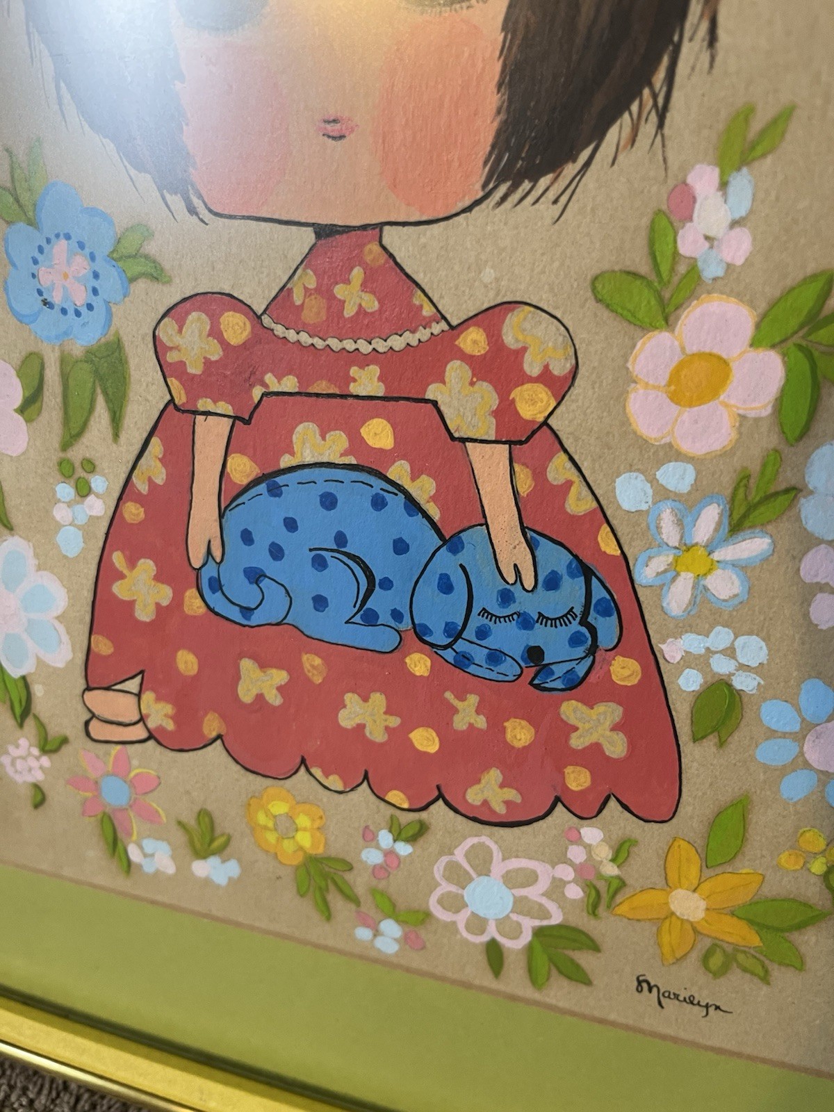 Vintage Pair Of Hand painted Big Eye Girl Wall Art Signed And Custom Framed