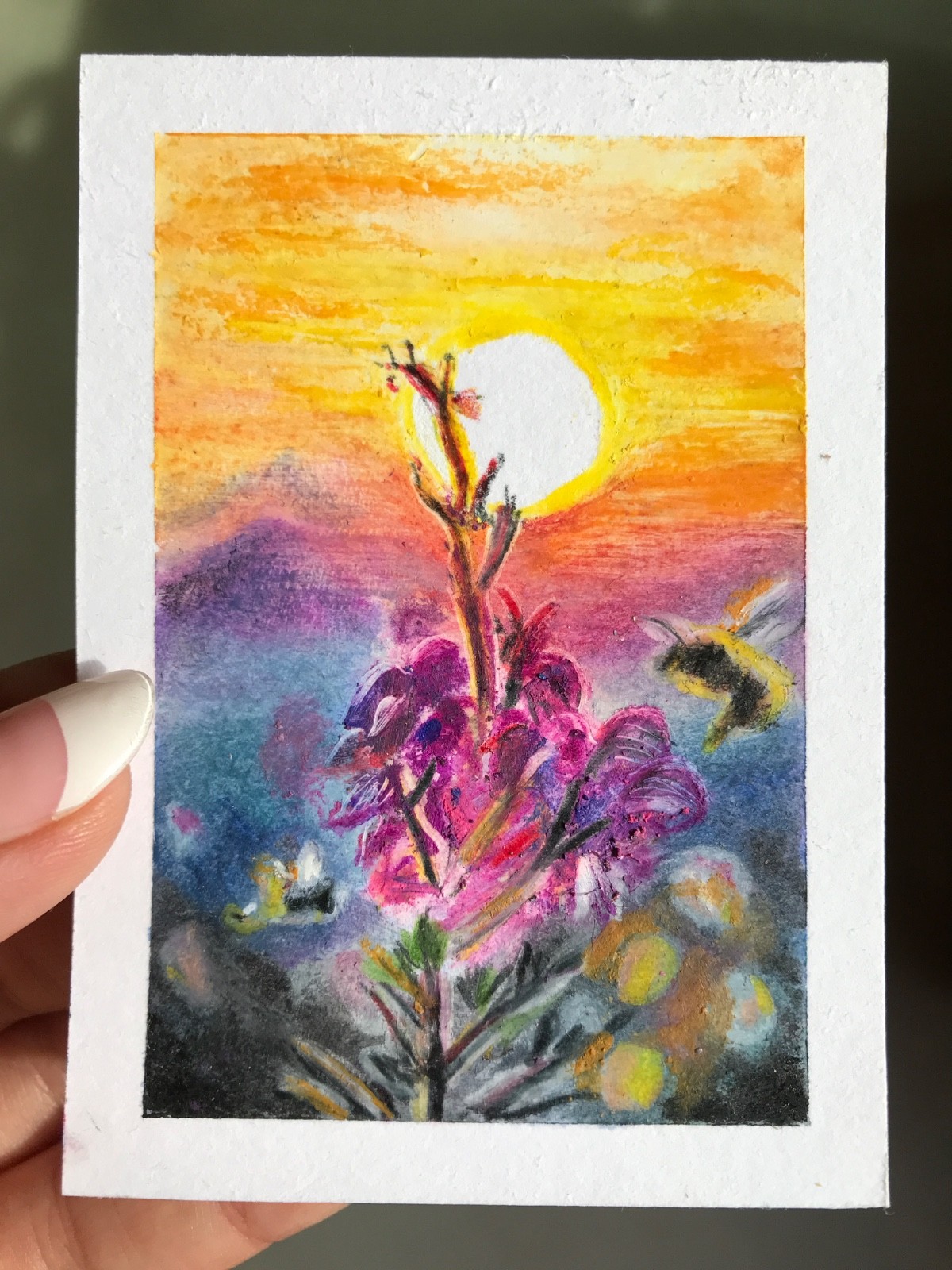 ACEO Original Landscape Painting Oil Pastel OOAK Wildflower Honeybee Sunset