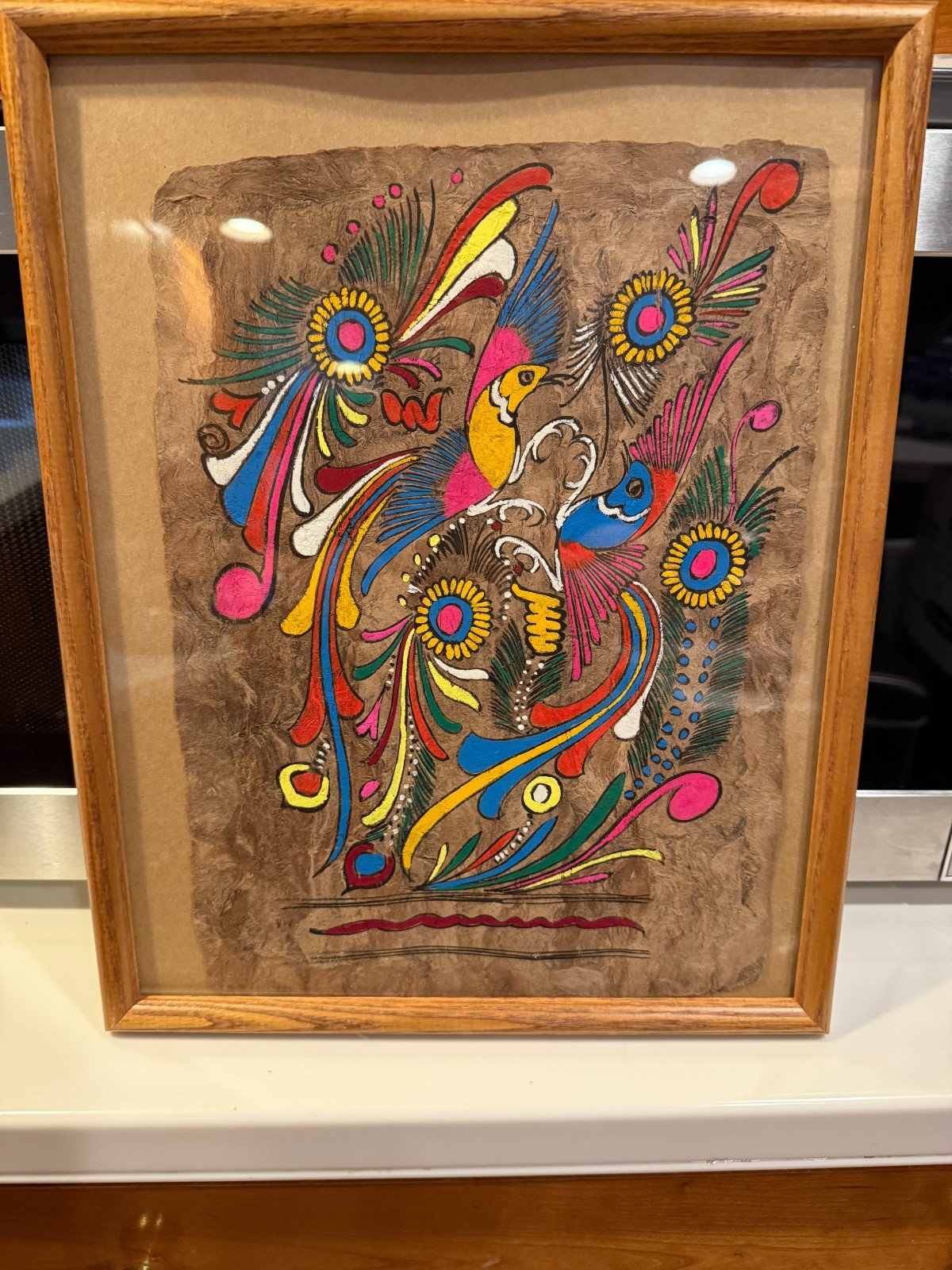Colorful Mexican Painting on Amate Tree Bark BIRDS FEATHERS 11″ X 14.5″ FRAMED