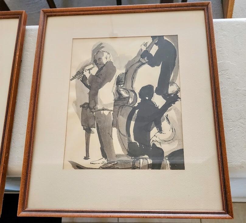 Sam Rosenberg Jazz Artists Ink Watercolor Blk & White Shadow Painting