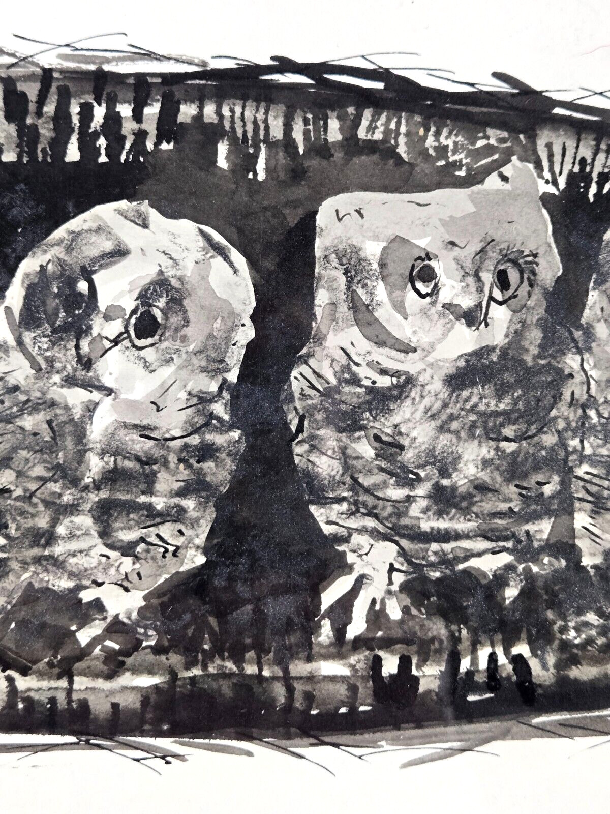 Lee Coblentz, IN/FL Fallen Nest abstract Owl tree watercolor painting, signed