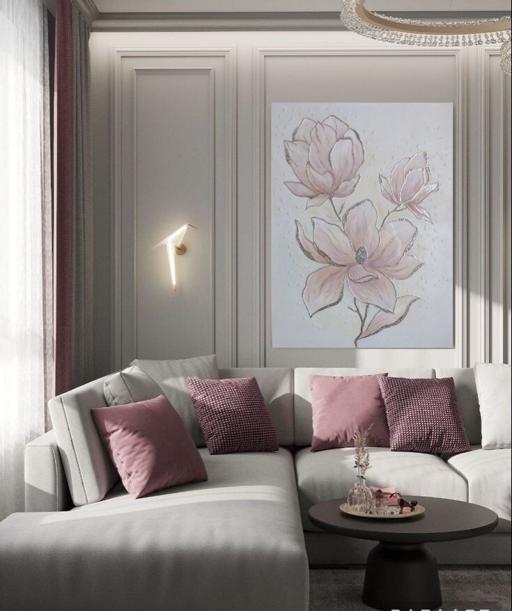 Large 3D texture magnolia painting, Pink floral wall art, Rhinestone Resin Art