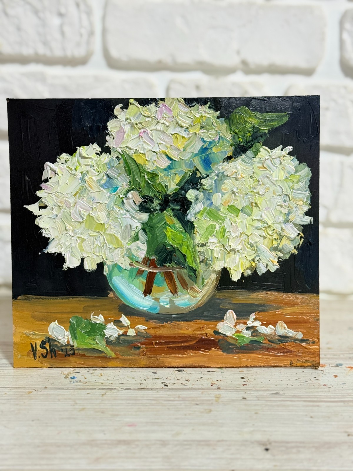 Hydrangea Floral Original Oil Painting Art Impasto Flower Still Life 7.5×8 in