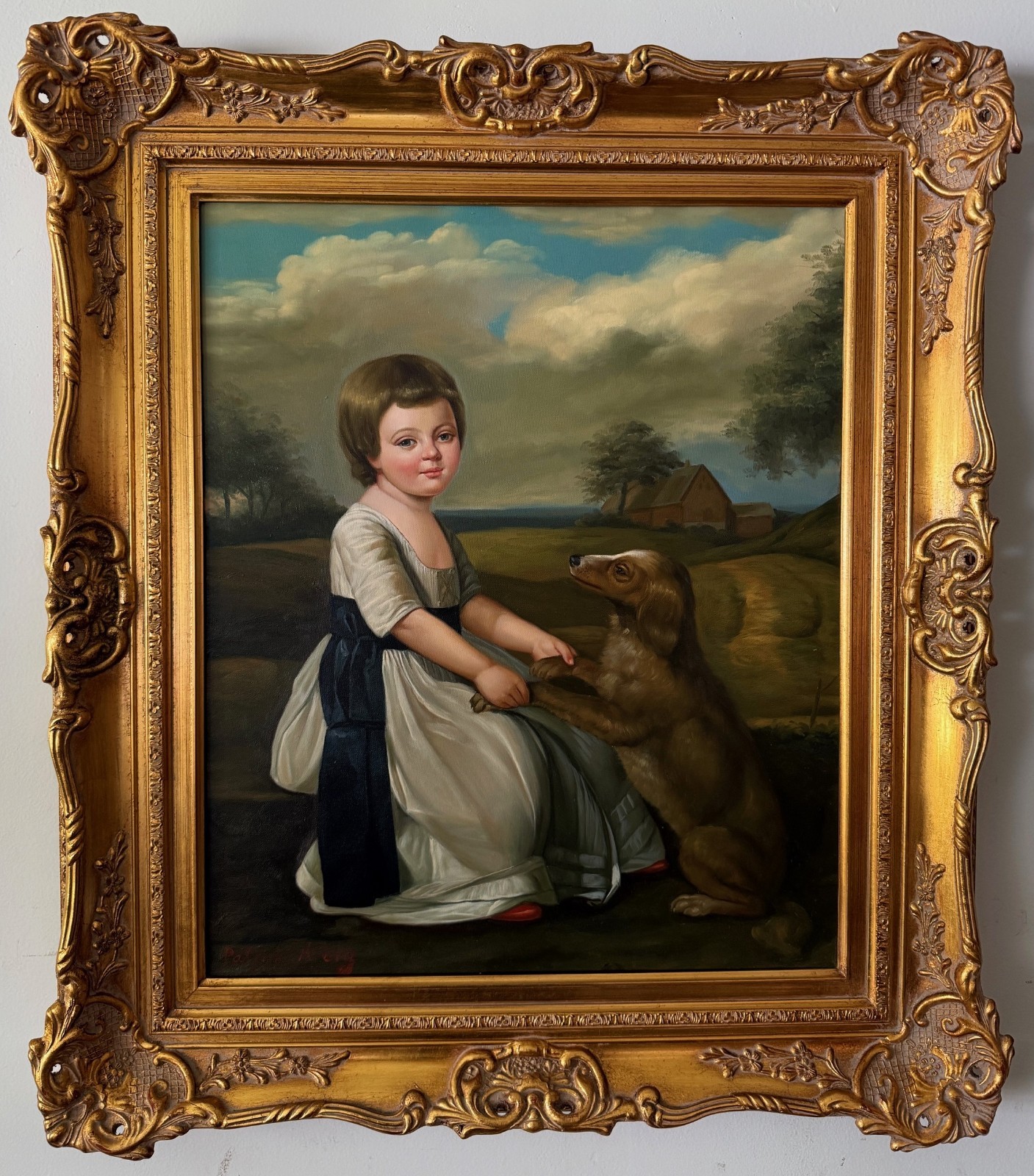 Large Oil Painting – Young Girl with her Dog – Ornate Gold Frame