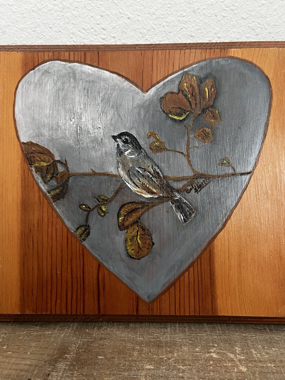 Original Oil Painting On Wood Bird Sitting On Branch Signed Betty Smith Heart