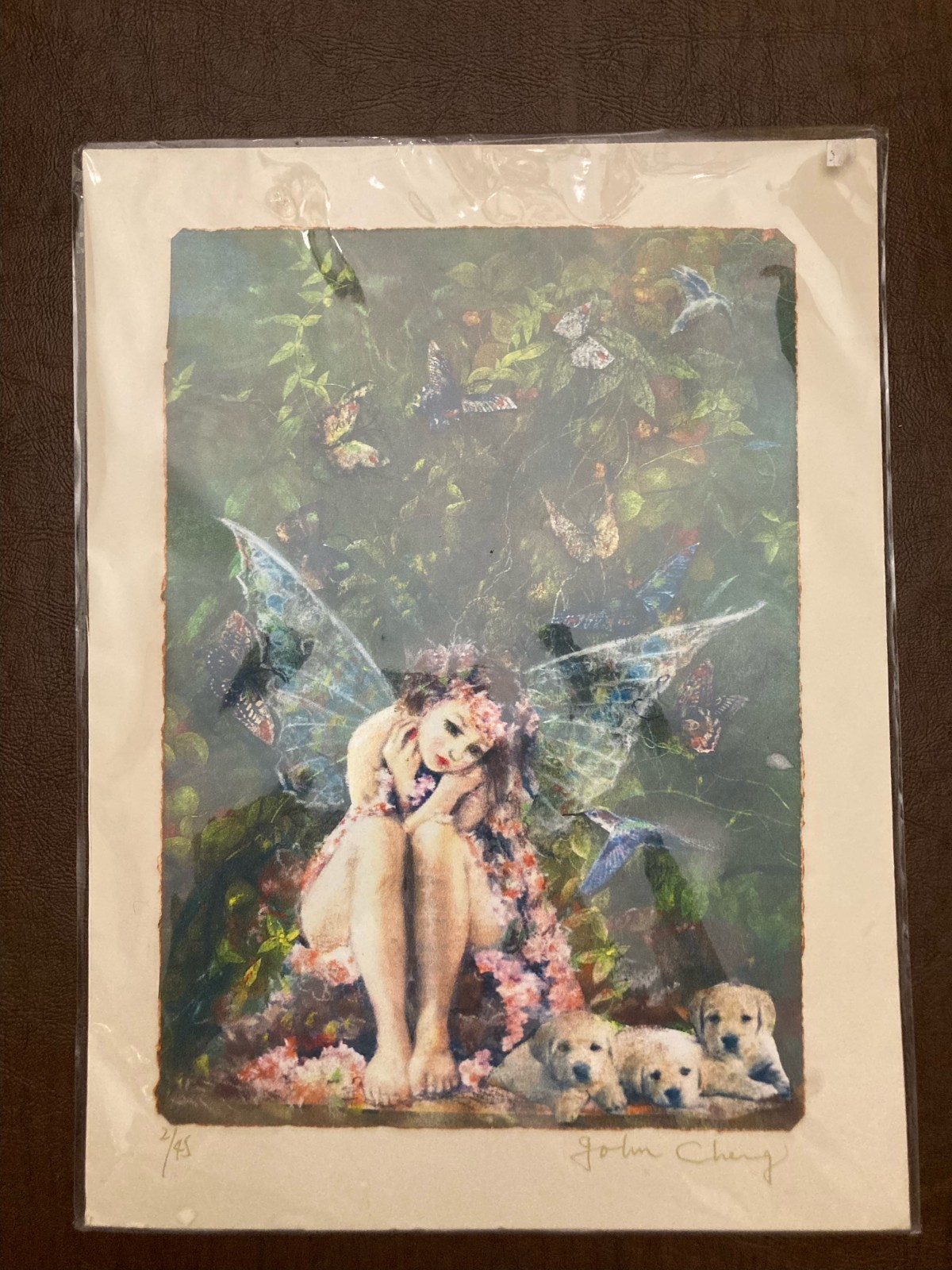 beautiful painting with golden retrievers and a fairy girl in a forest