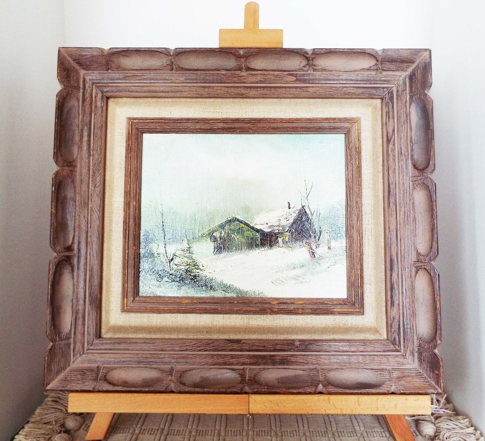 VINTAGE ORIGINAL SIGNED OIL ON WOOD W. SMITH WINTER CABIN PAINTING WOOD FRAMED