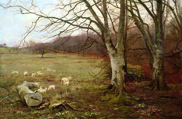 Oil painting Edward+Wilkins+Waite-Gentle+Spring landscape with sheep on canvas