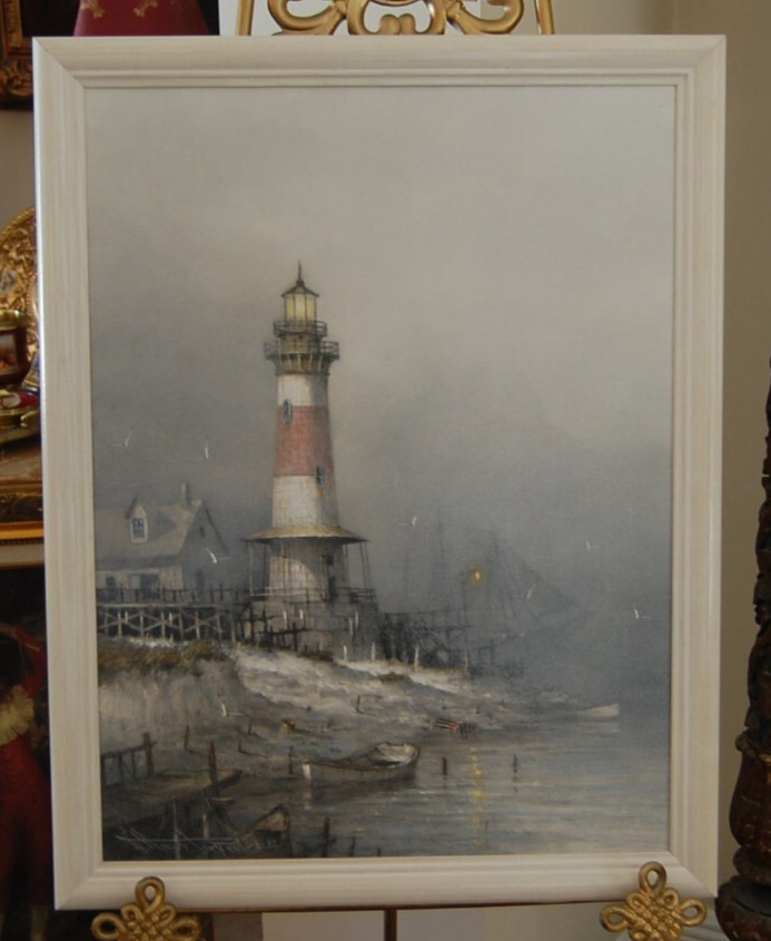 VINTAGE FRAMED HENRY PARKER SIGNED OIL NEW ENGLAND LIGHTHOUSE A COASTAL SEASCAPE