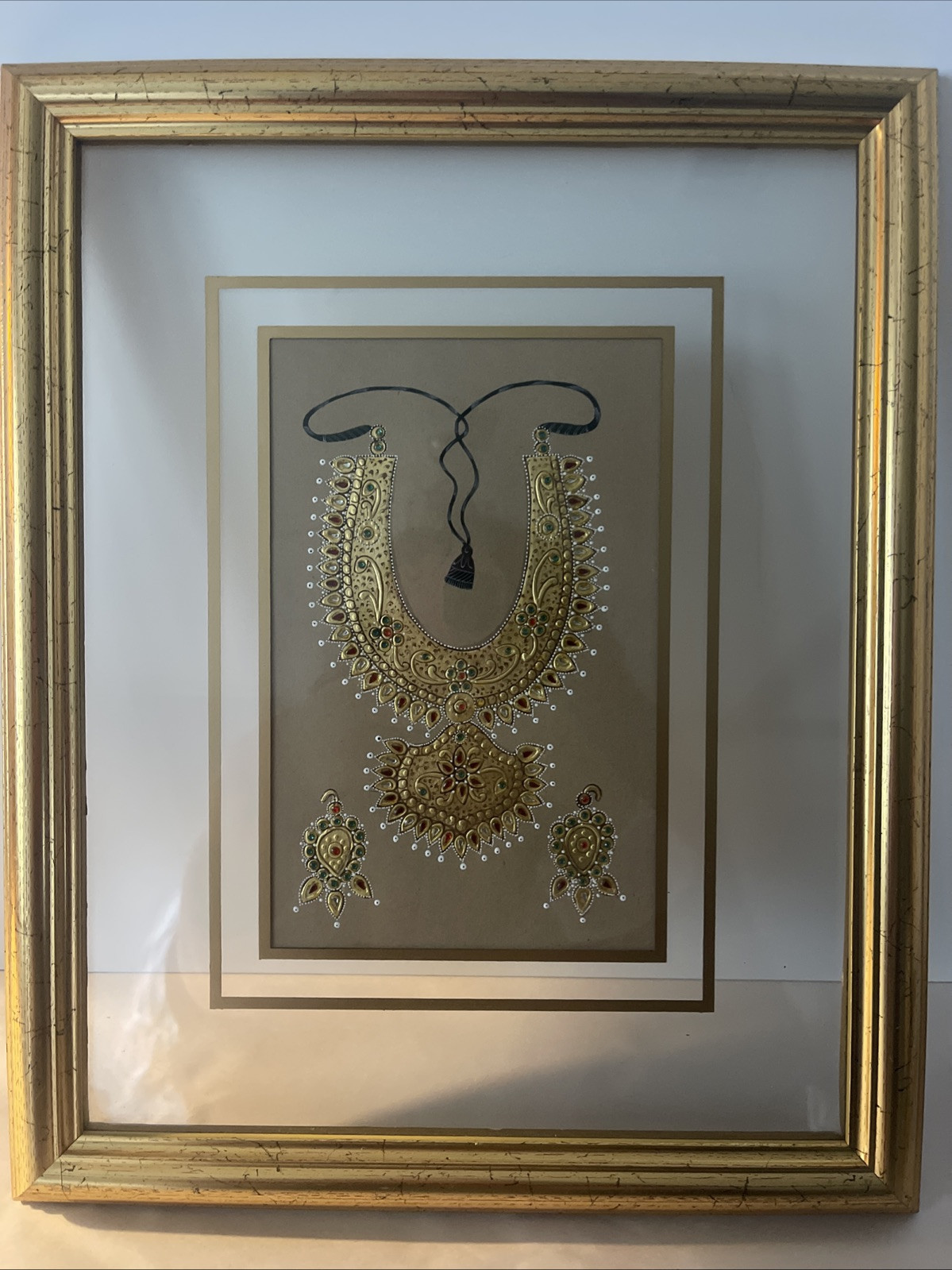 India Native Jewelry Painting Gold Embossed Framed 16×12” Jaipur Vintage