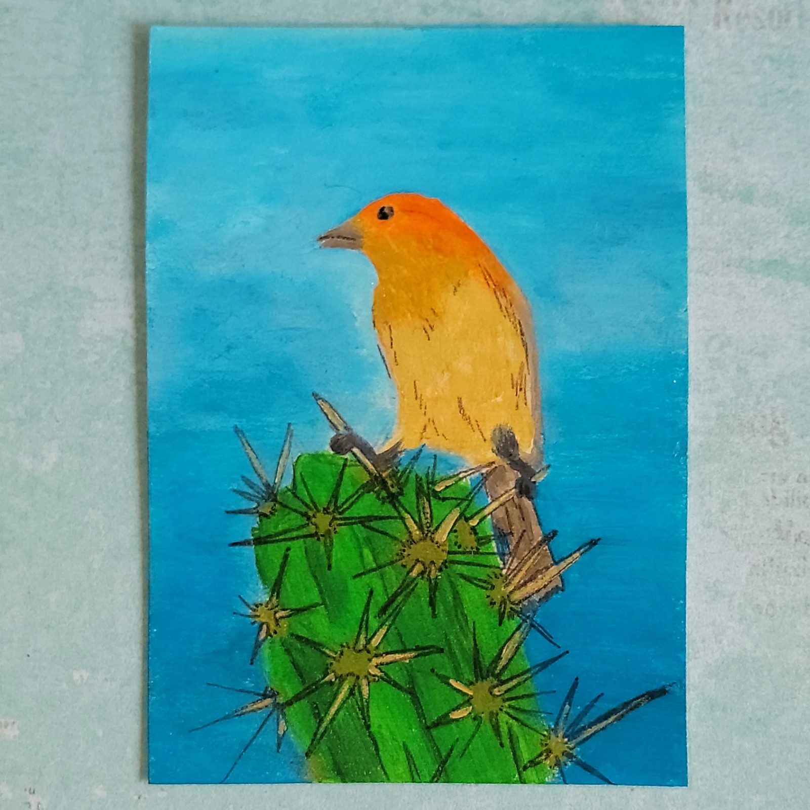 ACEO Bird on Cactus Acrylic Painting, Art Card, ATC Mini Painting, 2.5×3.5″