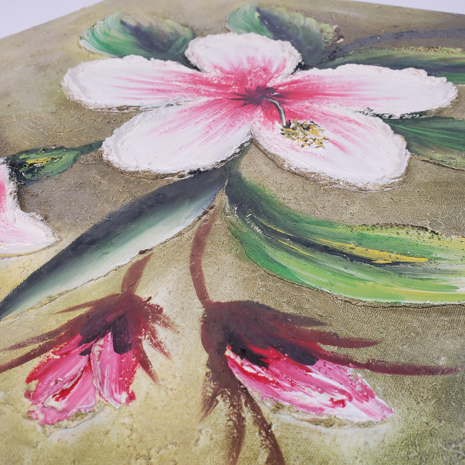 Tropical Flower Thick Spatula Impasto 24×20 Vtg Canvas Painting Masonite Board