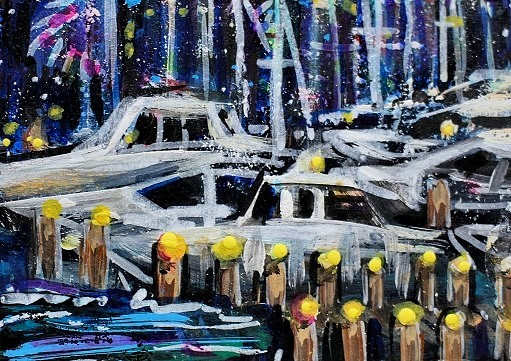 ACEO Original Painting FIREWORKS Summer Pier Marina Ocean Boat Bay Light ATC ART