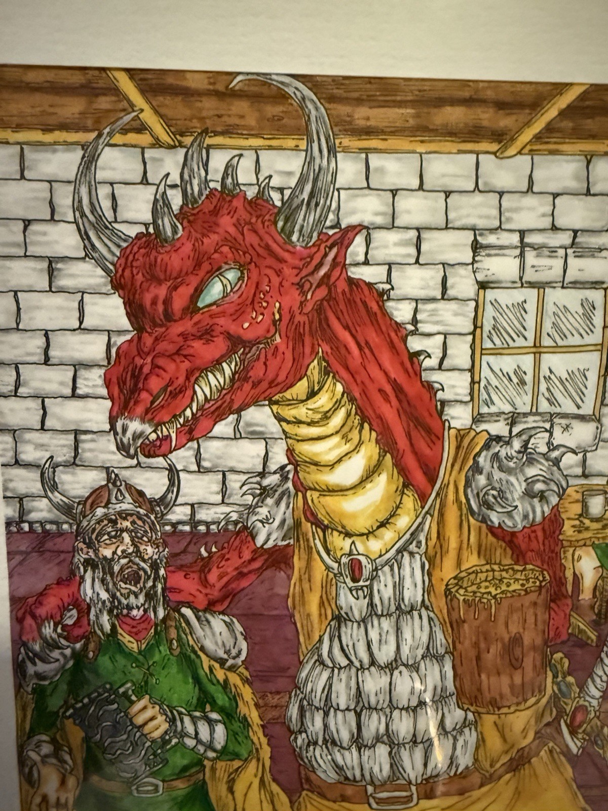 “The Dragon Bar” Original Artwork 8×11” Art In Frame Knights D&D Fantasy Beer