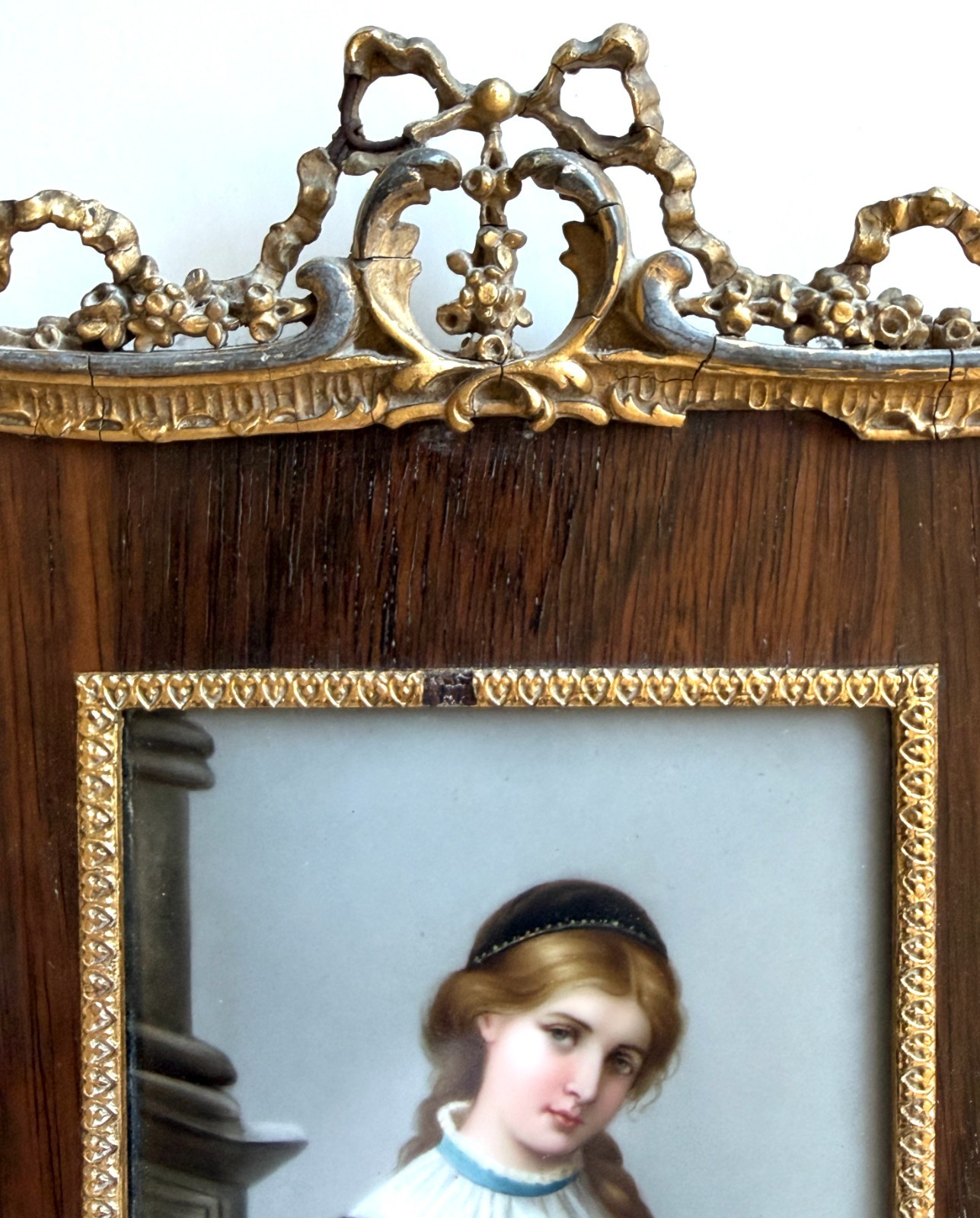Antique Hand Painted Porcelain Plaque Young Woman w Pitcher Framed
