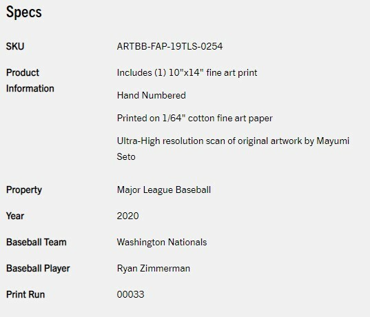 Ryan Zimmerman #’d 11 Zim’s jersey # Topps Living Set Fine Art #254 – #’d to 33
