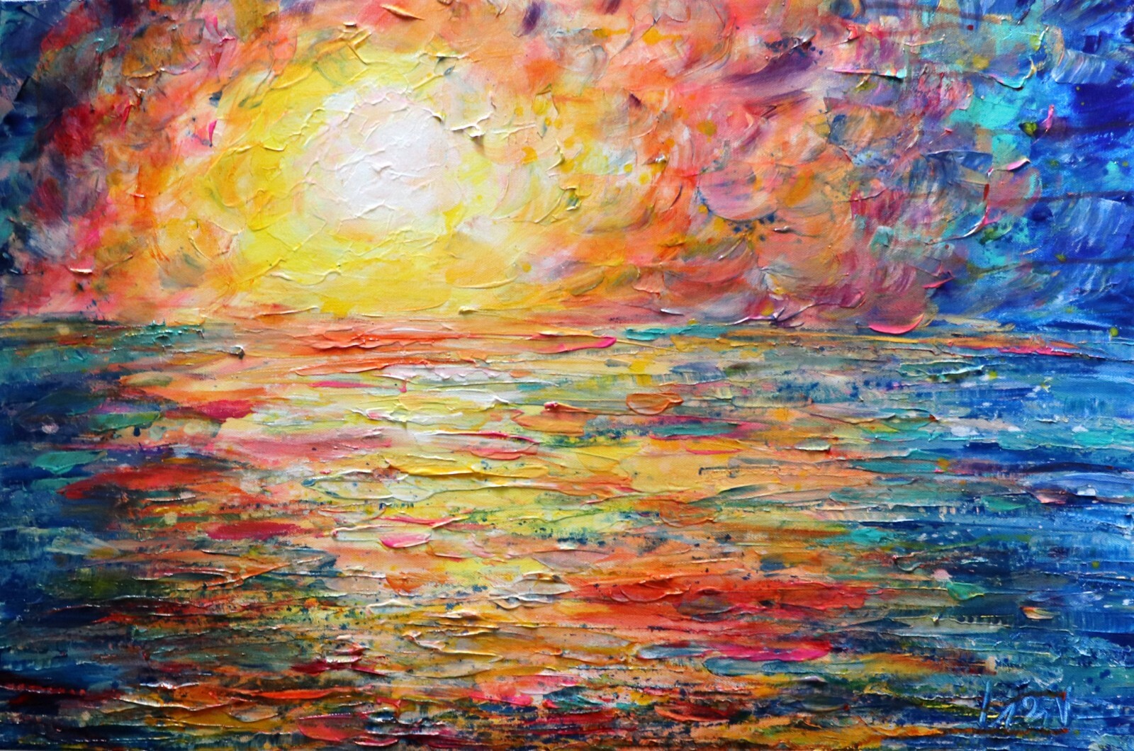 Original Ocean Sunset Painting 30×20 Colorful Lake Abstract Oil Wall Art