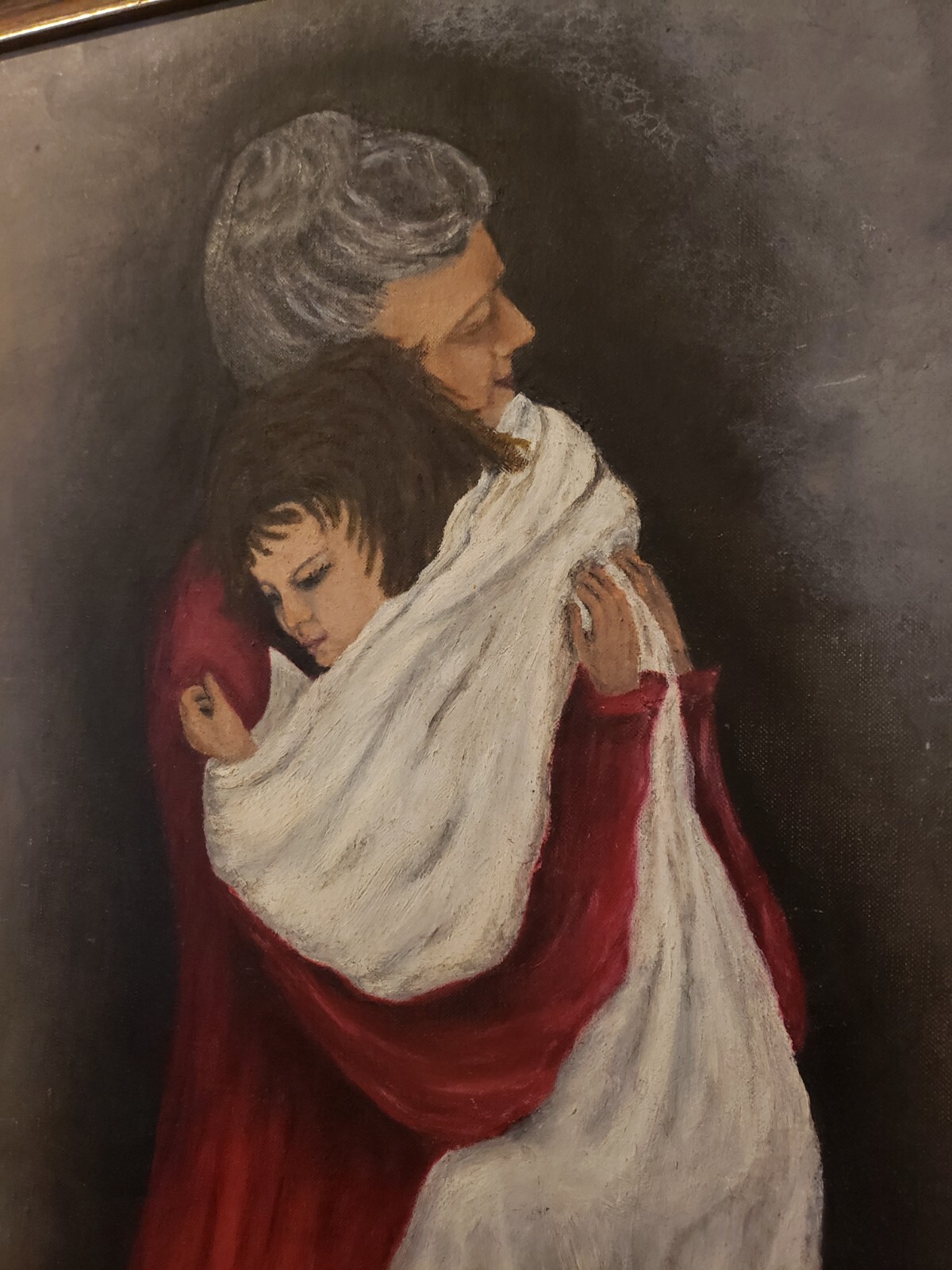 Vintage Oil Painting Grandmother Holding Granddaughter 1963 Signed