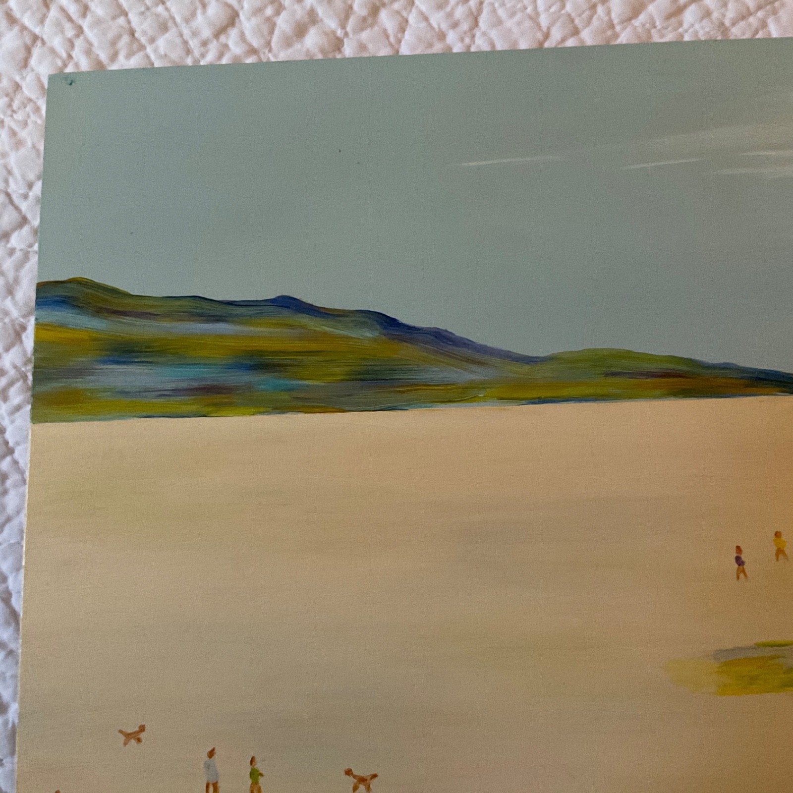 coast ocean Painting original beach tiny people life guard tower by Lori