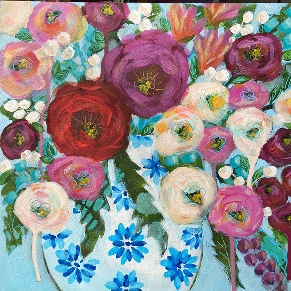 Pink and White Roses Floral Painting Hand Painted Acrylic Still Life 12 X 12