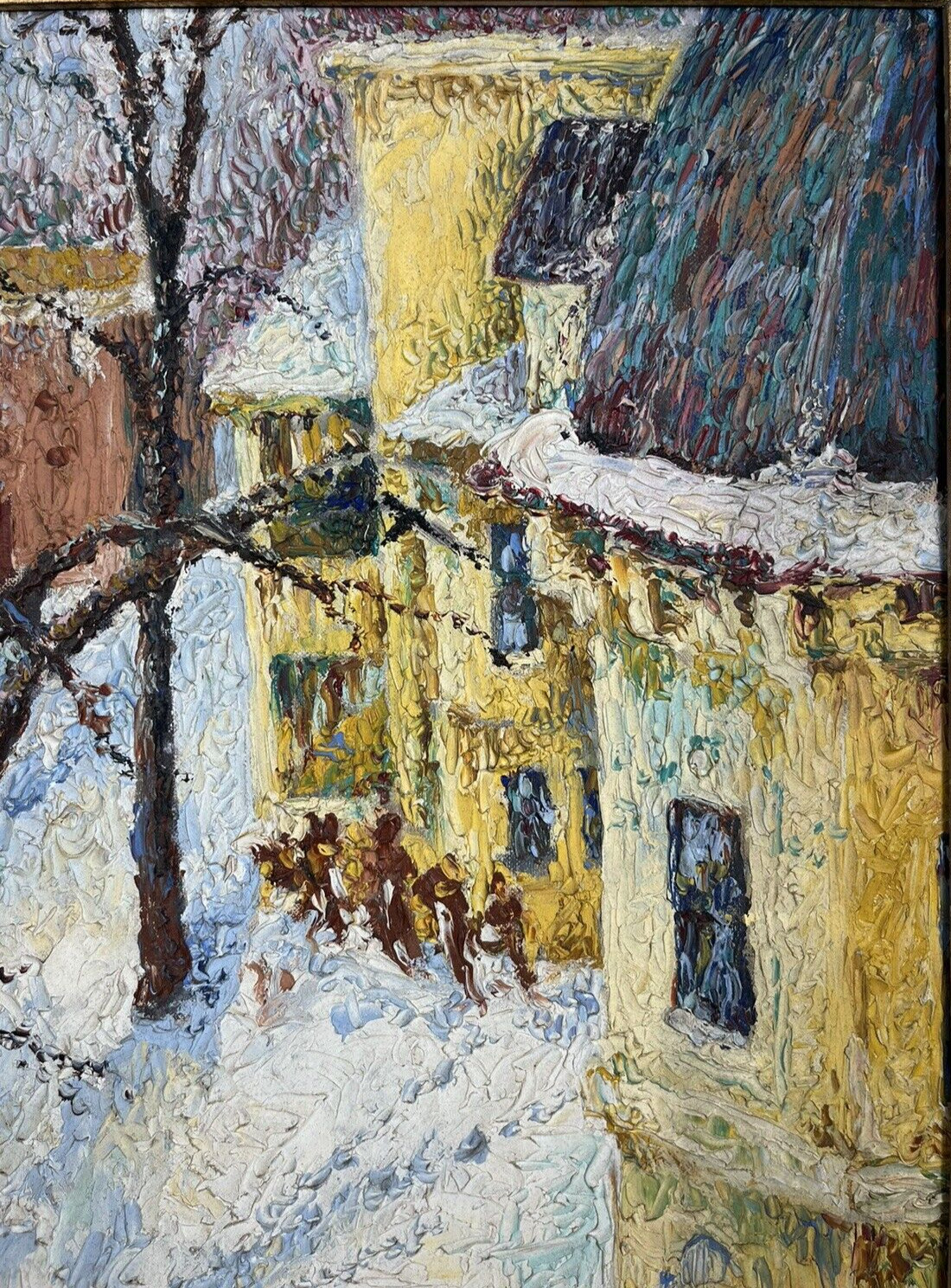 ORIGINAL TEXTURED AMERICAN TOWN ANTIQUE WINTER SNOW VINTAGE LANDSCAPE PAINTING